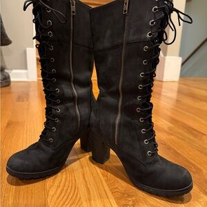 Timberland Size 8 Black Lace-Up Calf High Black Leather Boots